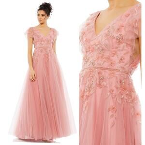 Mac Duggal 11224 Salmon Size 16 Embellished Floral Cap Sleeve Vneck Gown NWT$898